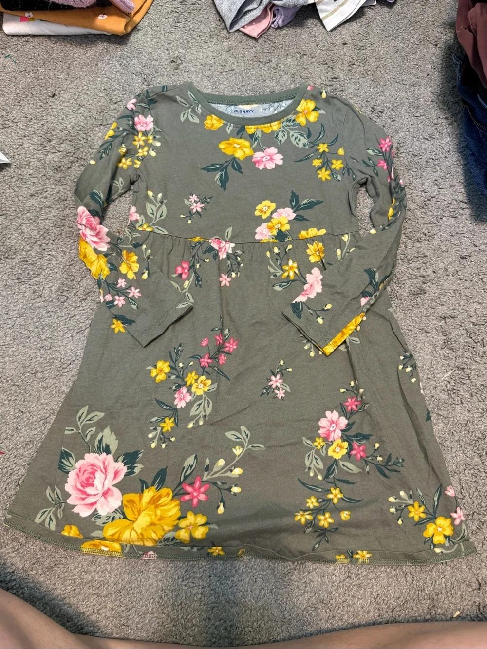 Old Navy Olive Green Floral Long Sleeve Dress with Pink & Yellow Flowers